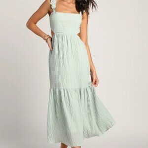 NWT- LUSH Dreamiest Darling Mint Smocked Tie-Back Tiered Midi Dress Size S